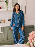 Womens Cotton Traditional Pyjamas Navy Folk Flowers