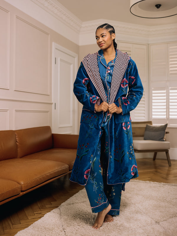 Womens Velvet Hooded Dressing Gown Robe Navy Folk Flowers