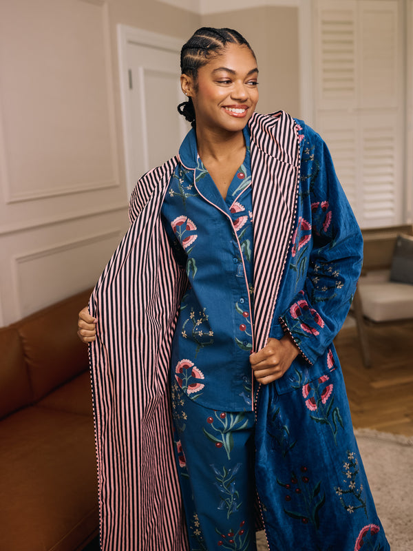 Womens Velvet Hooded Dressing Gown Robe Navy Folk Flowers