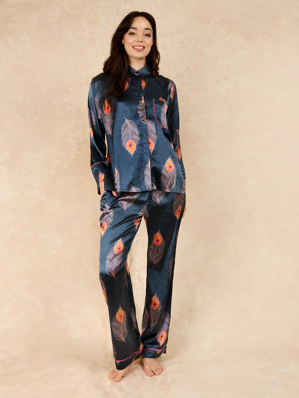 Womens Satin Oversize Concealed Buttons Pyjama Red Navy Peacock