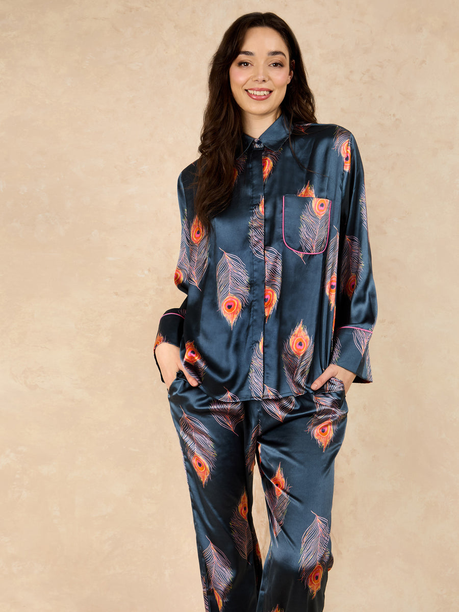 Womens Satin Oversize Concealed Buttons Pyjama Red Navy Peacock