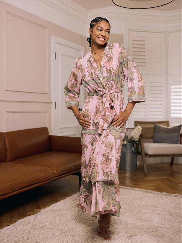 Womens Cotton Voile Dressing Gown Robe Pink Jaipur