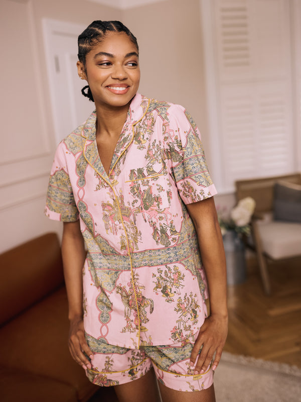 woman wearing pink cotton pyjama short set with jaipur inspired pattern design