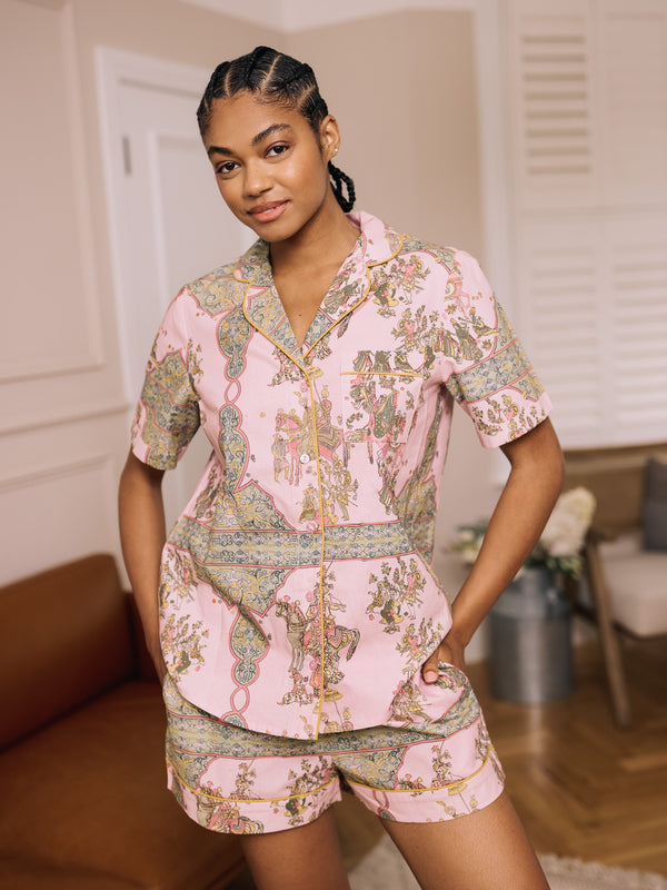 woman wearing pink cotton pyjama short set with jaipur inspired pattern design