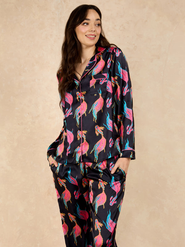 Womens Satin Traditional Pyjamas Deep Navy Magic Fish