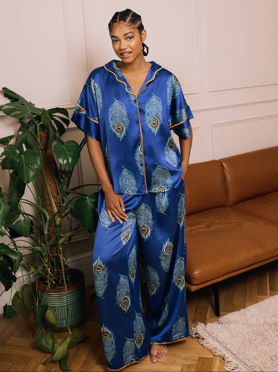 Their Nibs, Womens, Oversize Scallop Satin Pyjamas, Navy Peacock ...