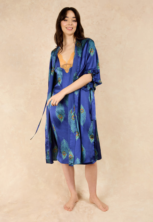Womens Satin Frill Sleeve Kimono Robe Navy Peacock