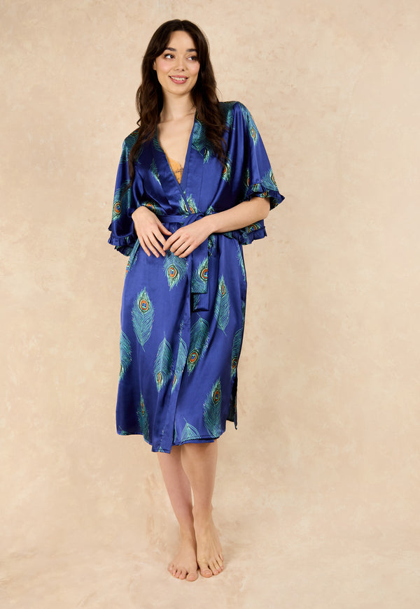 Womens Satin Frill Sleeve Kimono Robe Navy Peacock
