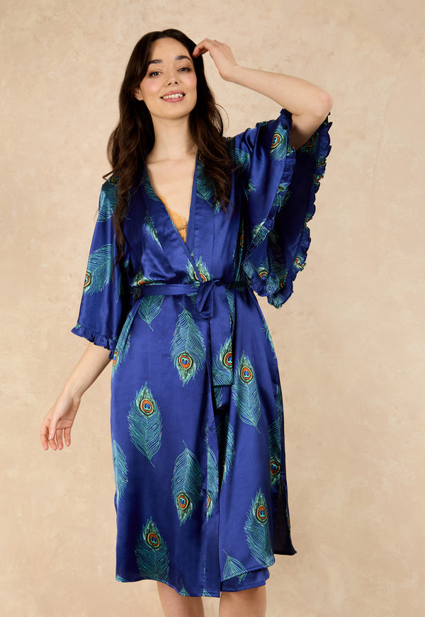 Womens Satin Frill Sleeve Kimono Robe Navy Peacock