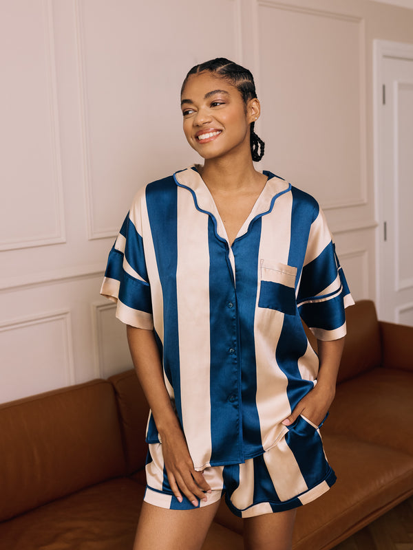 Womens Satin Oversize Shortie Pyjamas Navy Stripe