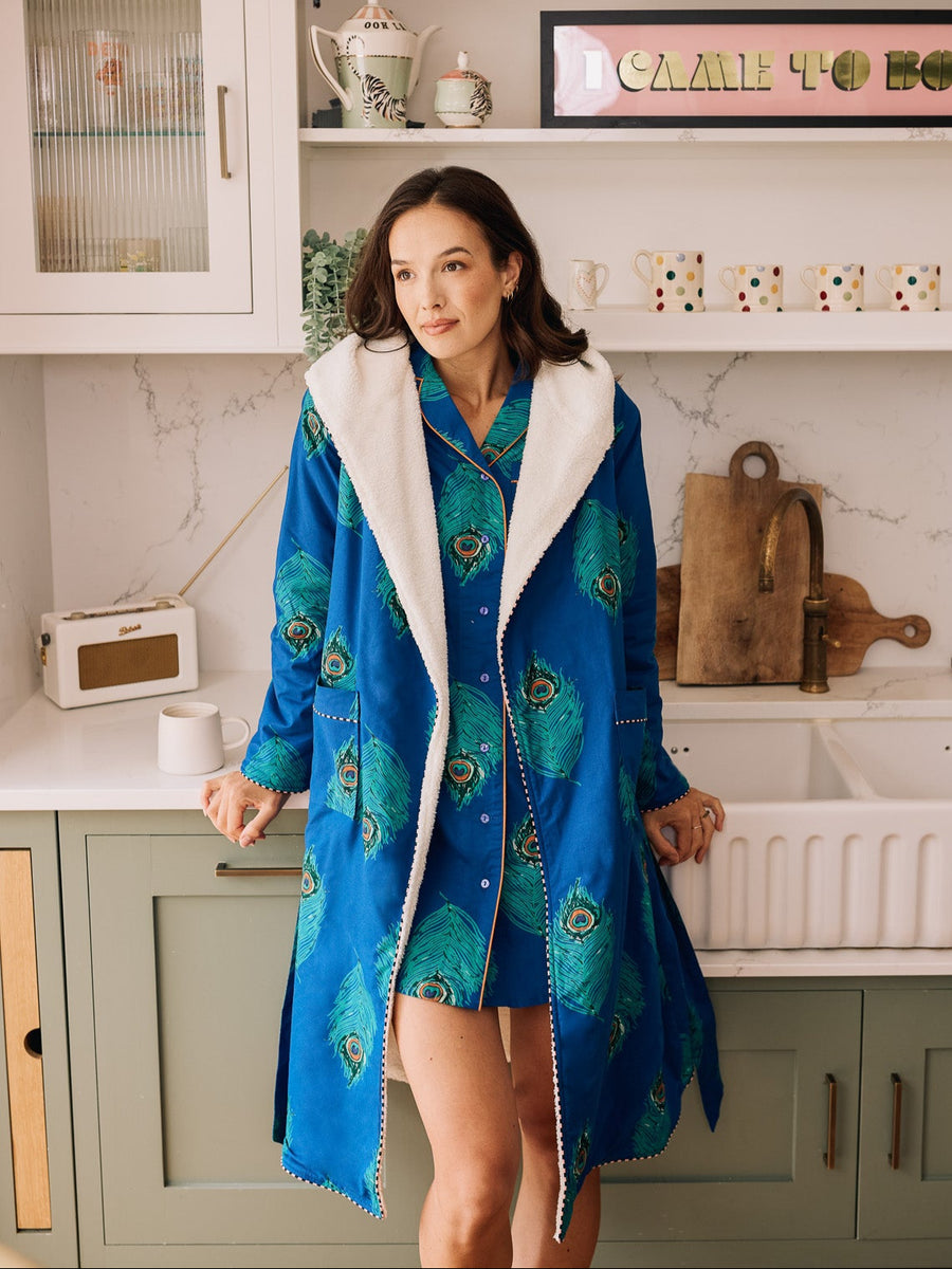 Womens Cosy Dressing Gown Robe Navy Peacock – THEIR NIBS