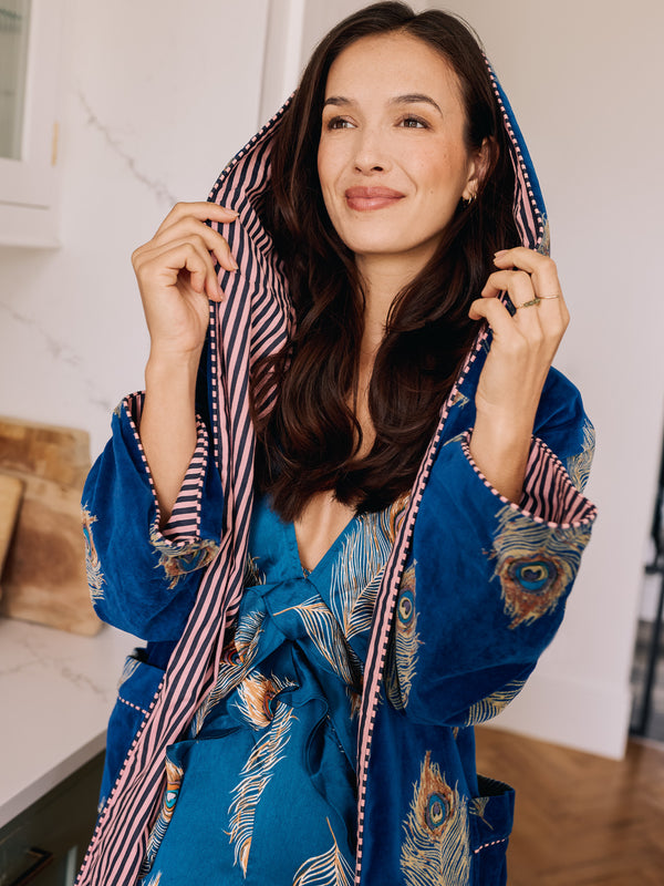 Womens Velvet Hooded Robe Navy Gold Peacock Feather
