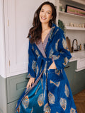 Womens Velvet Hooded Robe Navy Gold Peacock Feather