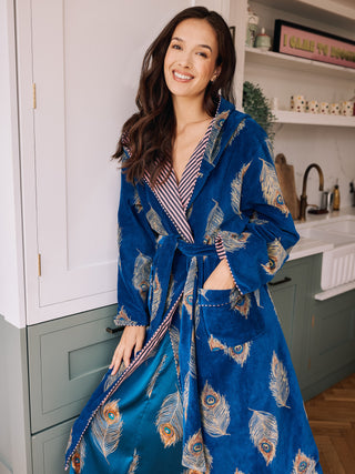 Womens Velvet Hooded Dressing Gown Robe Navy Gold Peacock Feather