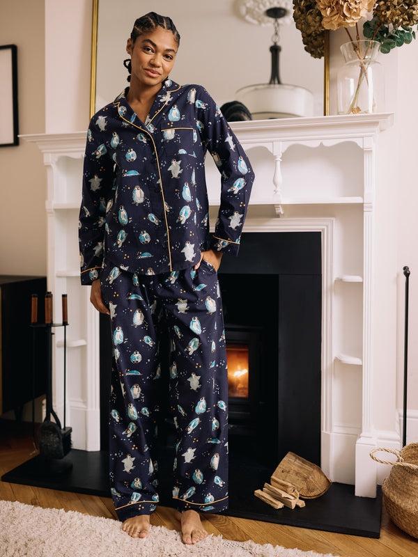 Womens Cotton Traditional Pyjamas Navy Penguins