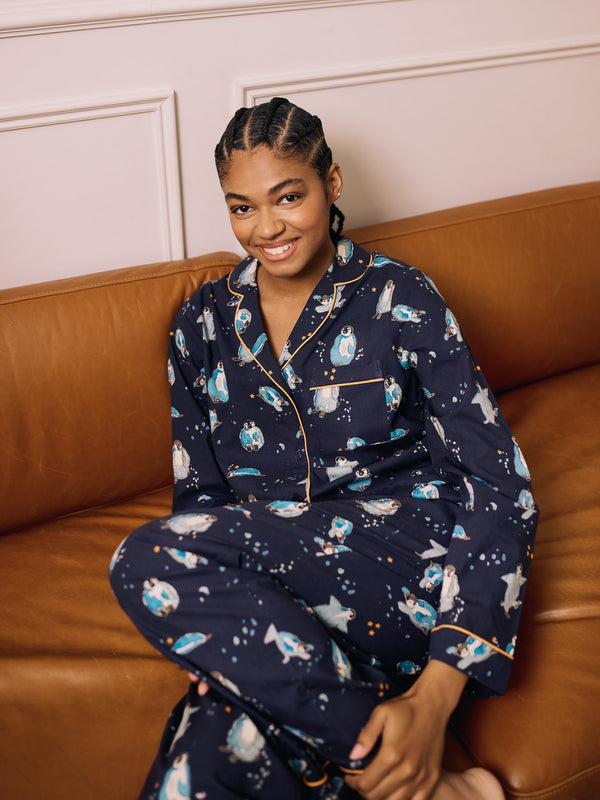 Womens Cotton Traditional Pyjamas Navy Penguins