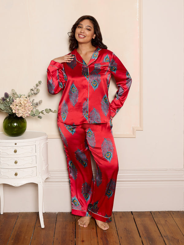 Womens Satin Traditional Pyjamas Red Peacock Feather