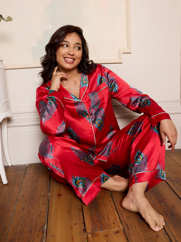 Womens Satin Traditional Pyjamas Red Peacock Feather
