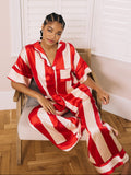 Womens Satin Oversize Pyjamas Red Stripe