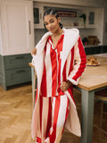 Womens Cosy Dressing Gown Robe Red Stripe