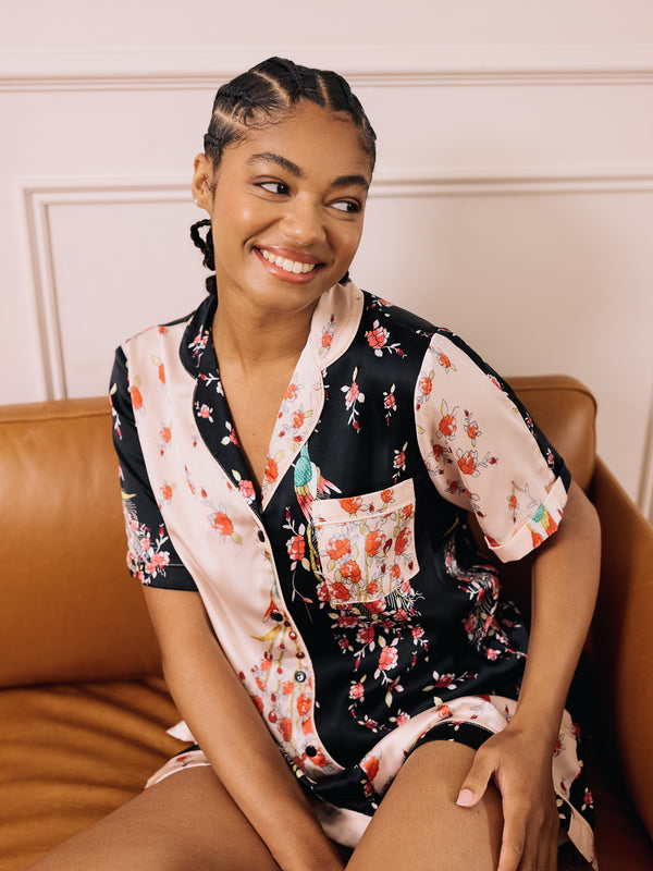 Womens Satin Shortie Pyjamas Pink Contrast Peacock and Roses