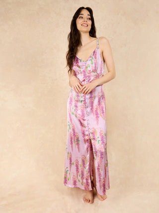 Womens Satin Button Down Night Dress Lilac Wisteria