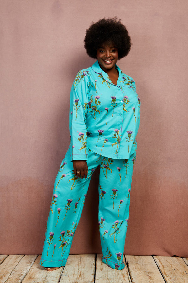 Womens Cotton Traditional Pyjamas Turquoise Thistle – THEIR NIBS
