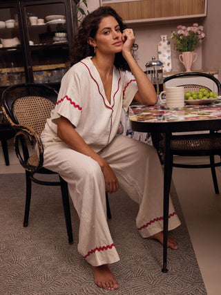 Womens White with Red Ric Rac Trim Linen Blend Oversize Pyjama Set