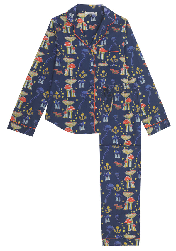 Womens Cotton Traditional Pyjamas Navy Mushroom