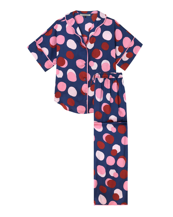Womens Satin Oversize Pyjamas Navy Confetti Dot