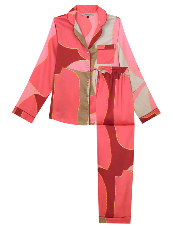 Pink and beige patterned pajama set on a white background