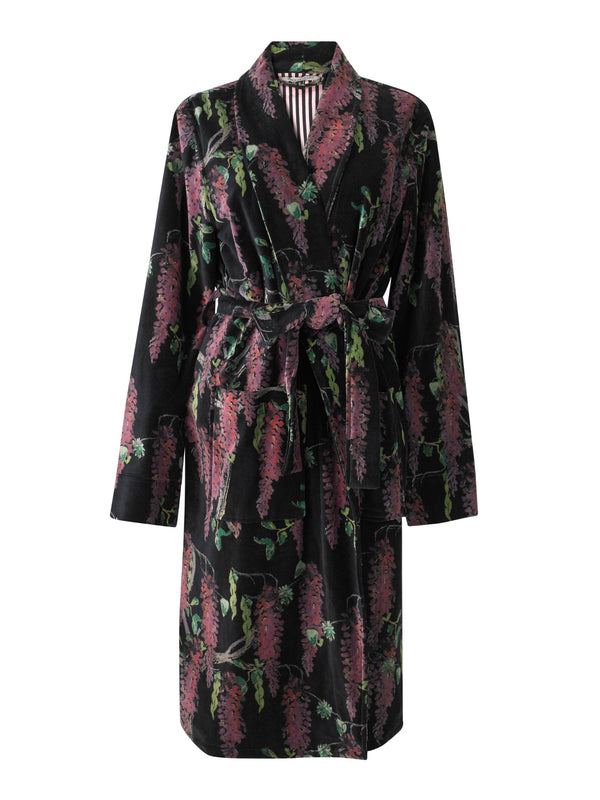 Womens Velvet Dressing Gown Robe Black Wisteria