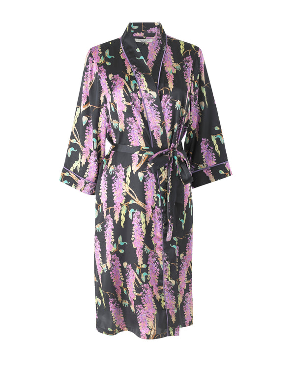 Womens Satin Kimono Dressing Gown Robe Black Wisteria