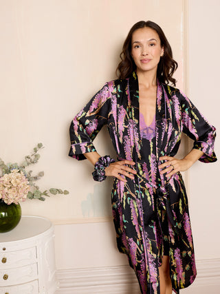 Womens Satin Kimono Dressing Gown Robe Black Wisteria