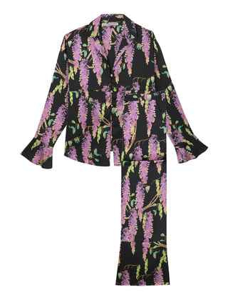 Womens Satin Frill Blouse Pyjamas Black Wisteria