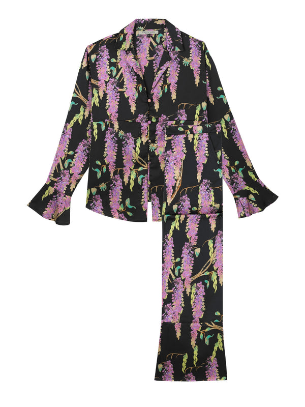 Womens Satin Frill Blouse Pyjamas Black Wisteria