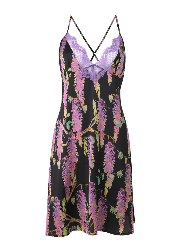 Womens Satin Lace Cami Mini Night Dress Black Wisteria