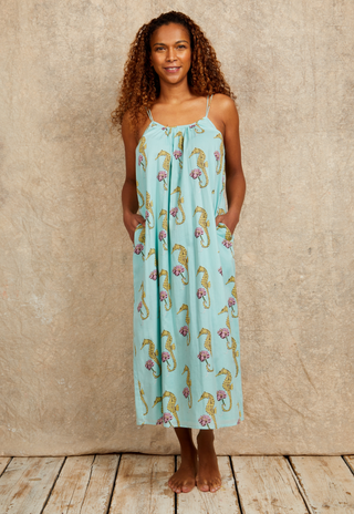Womens Cotton Long Nightdress Aqua Seahorse