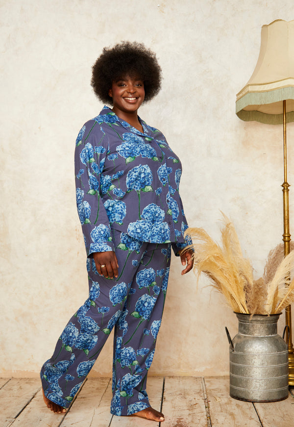 Womens Cotton Traditional Pyjamas Navy Hydrangea – THEIR NIBS