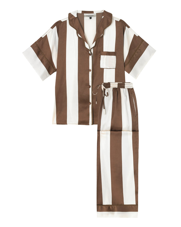 Womens Satin Oversize Pyjamas Chocolate Stripe