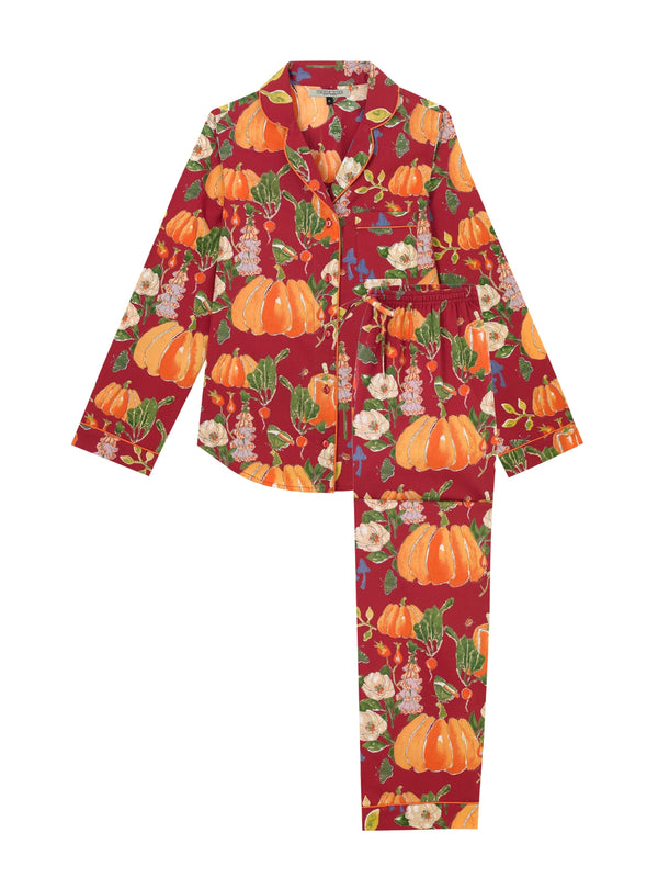 Womens Cotton Traditional Pyjamas Burgundy Pumpkins