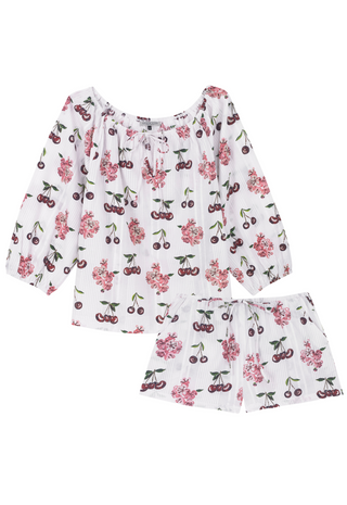 Womens Seersucker Long Sleeve Shortie Pyjamas White Cherries