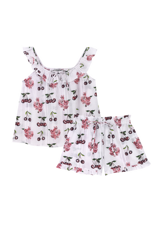 Womens Seersucker Frill Cami Shortie Pyjamas White Cherries