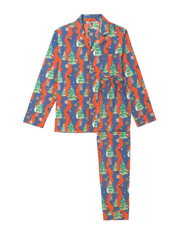 Mens Cotton Traditional Pyjamas Red Blue Christmas Tree Magic