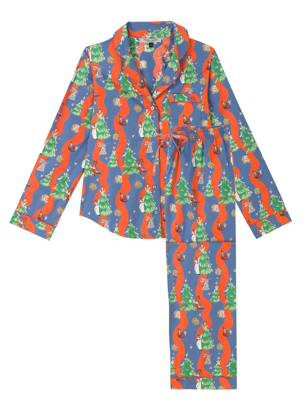 Colorful pajama set with Christmas tree and wave pattern on a white background