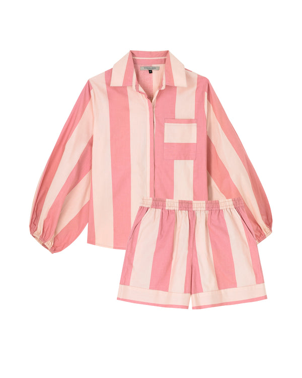 Womens Cotton Balloon Sleeve Shortie Pyjamas Pink Stripe