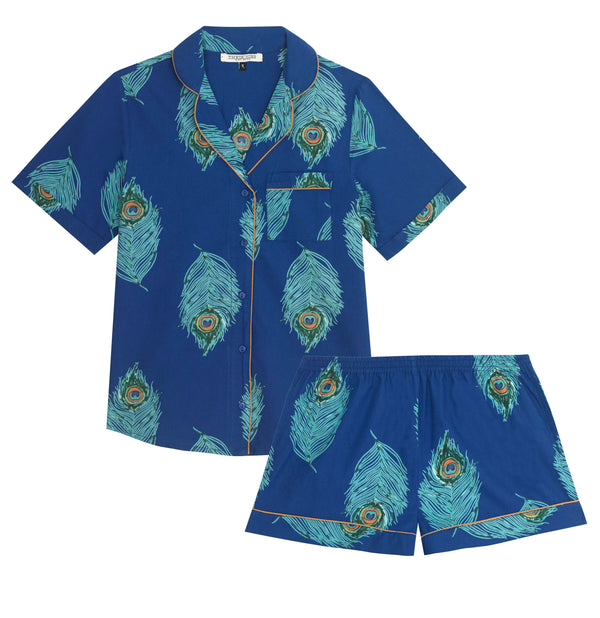Womens Cotton Shortie Pyjamas Navy Peacock Feather