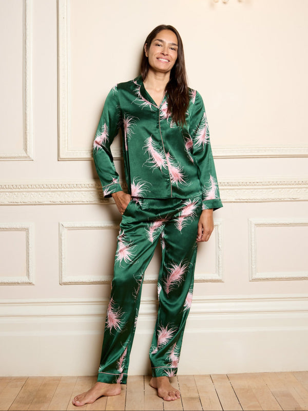 Womens Satin Traditional Pyjamas Emerald Le Sommeil