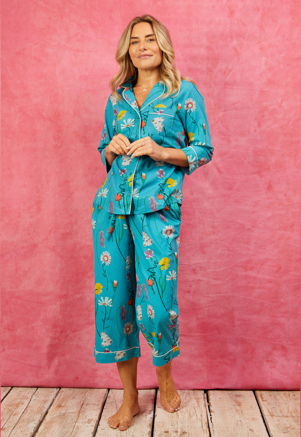 Womens Cotton Long Sleeve Capri Pyjamas Teal Field Flower THEIR NIBS