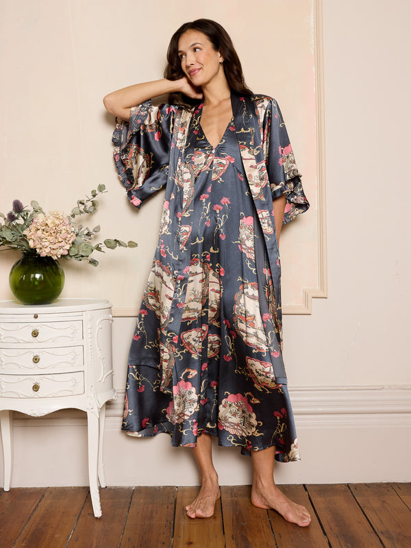 Womens Satin Oversize Angel Sleeve Dressing Gown Robe Grey Pagoda Dreams